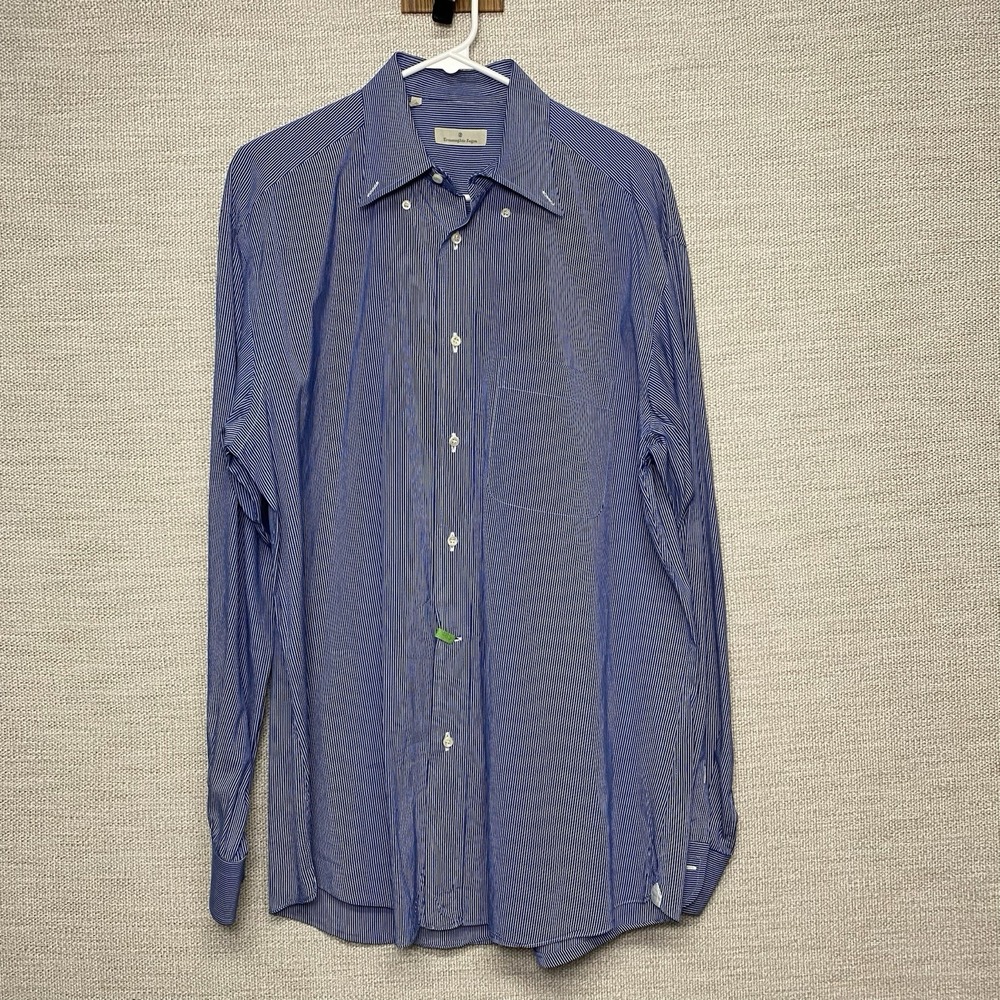 Ermenegildo Zegna Shirt 16.5 42 L/S Button Down Blue White Fine Stripe FLAWS - Picture 2 of 12